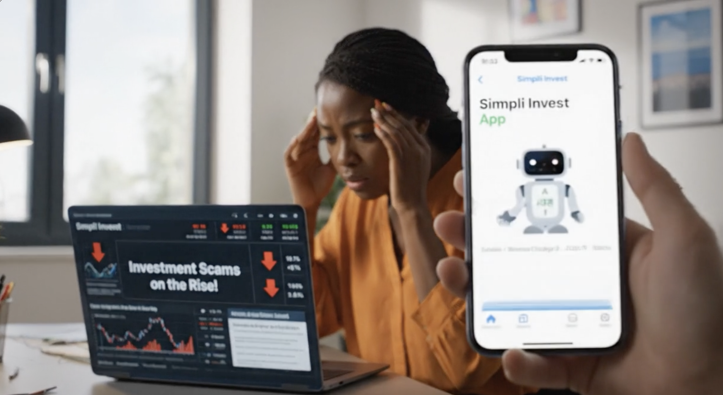 A person looking stressed at investment charts on a laptop while another person holds up a phone showing the Simpli-Invest app.